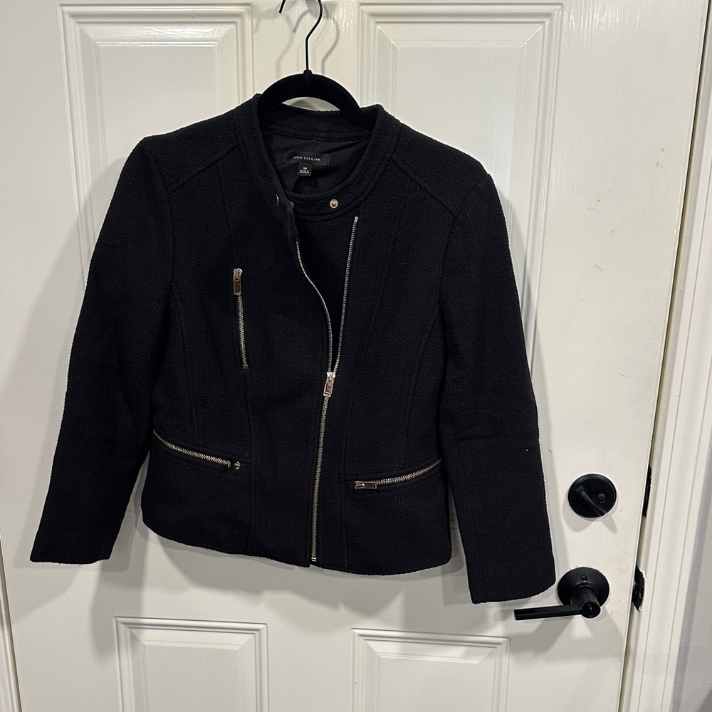Ann Taylor Black Tweed Moto Jacket with Zipper Accents